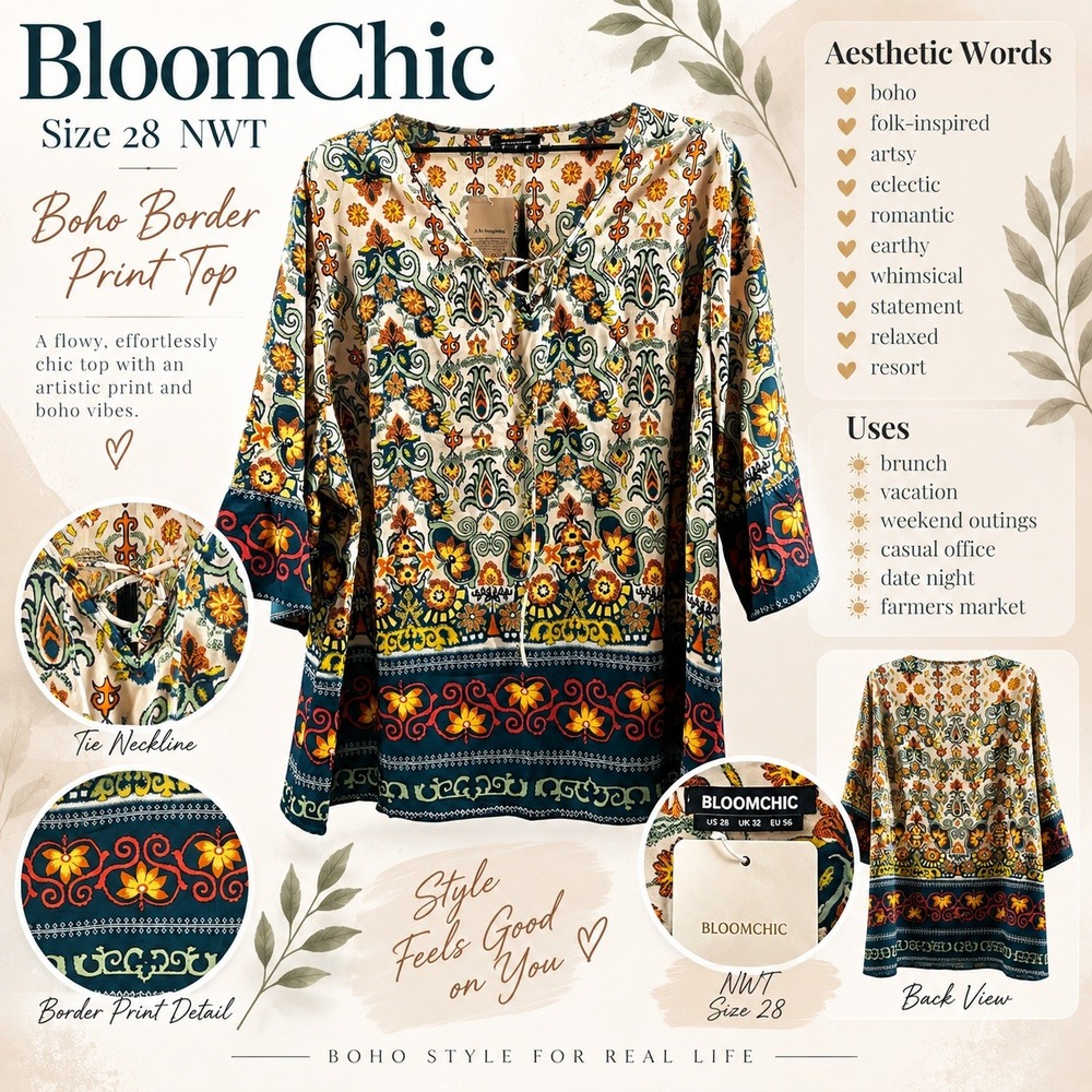 Bloomchic Boho Paisley Floral Lace Up Tunic Top Plus Size 28 NWT Multicolor Folk